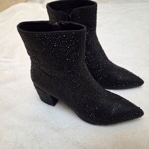 WETKISS Women Black Rhinestone Pointed Toe Ankle Boots Block Heel Size 9